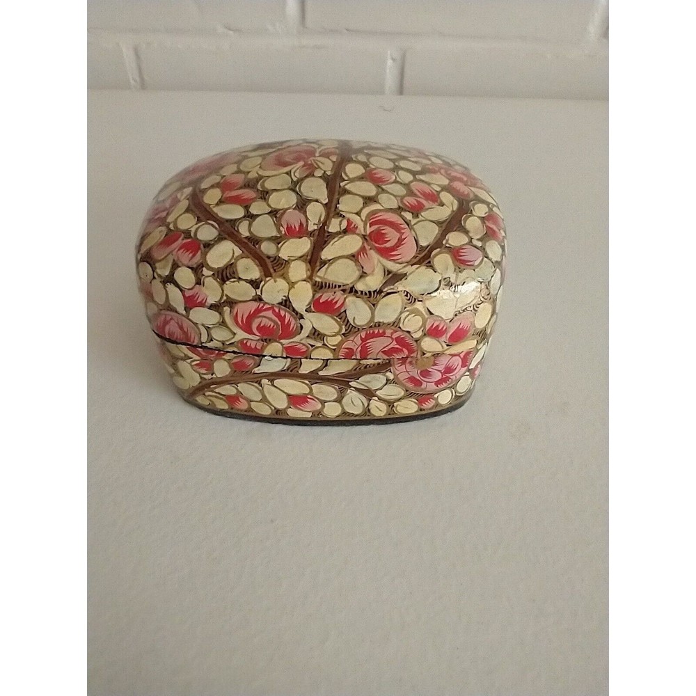 Kashmiri Hand Painted Vintage Trinket Ring Box India Folk Art Lacquered Finish